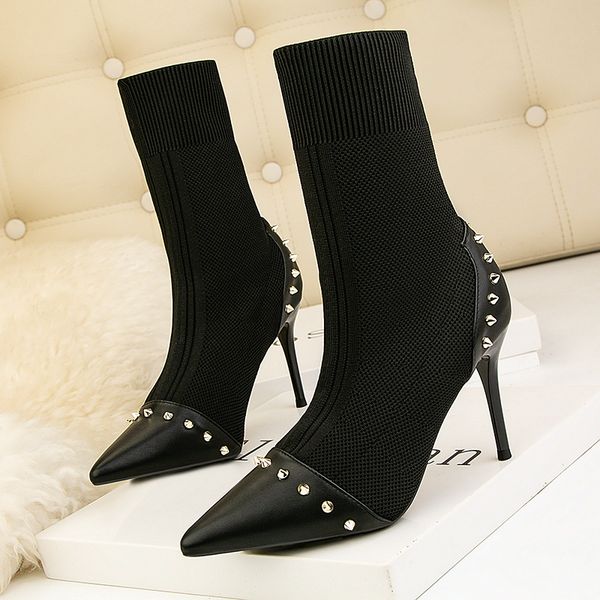 

plus size woman ankle boots 9cm height handmade autumn winter boots black socks thin high heels women shoes pumps