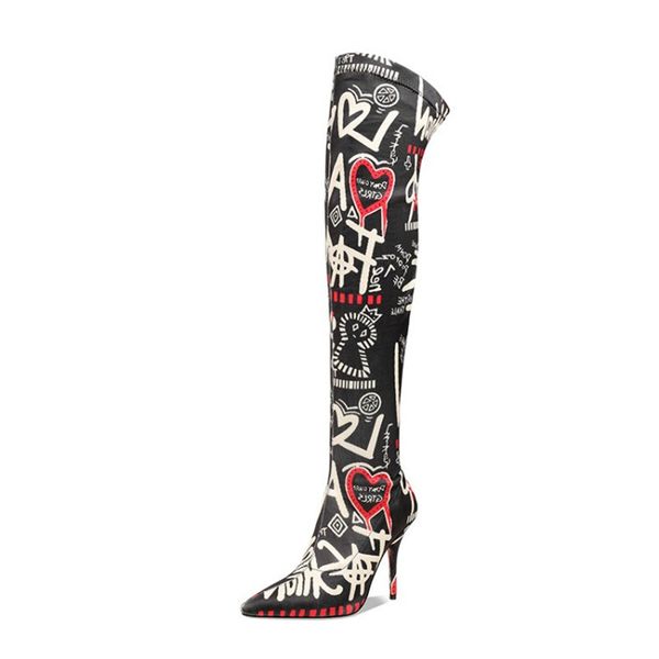 

pxelena fashion show words print women stretch thigh high boots pointed toe slim fit stiletto heel over the knee boots party 45, Black