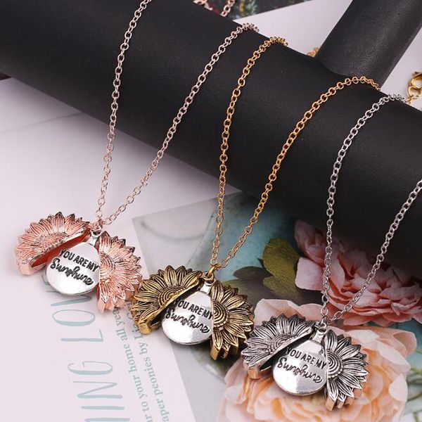 

antique gold silver color open locket necklace engraved you are my sunshine sunflower pendant necklace unique party jewelry gift
