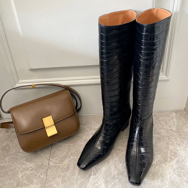 

boots crocodile pattern knee-high women winter shoes pointed toe thick heels knight zapatos de mujer 2021, Black