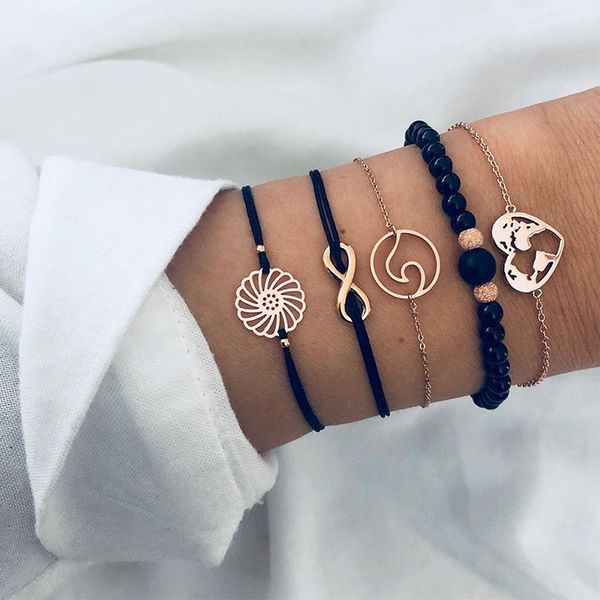 

5 pcs/ set punk heart map wave beads flower digital chain leather gold multilayer bracelet set women exquisite clothing jewelry, Black
