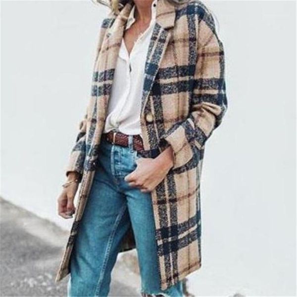 

long lapel neck ladies coats casual loose female outerwear with pocket winter women blends designer plaid printed, Black