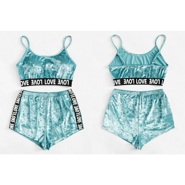 

2pcs velvet sleepwear sets womens fashion nightwear two piece suits summer spaghetti strap shorts pajamas girl underwear gga3490-2, Blue;red