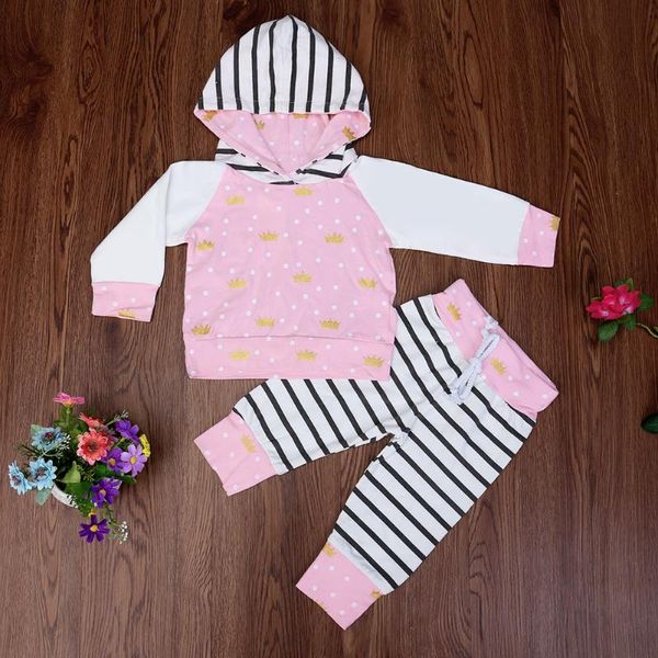 

2pcs/set baby girl clothes infant dot crown print hooded sweatshirt + striped pants outfits children girls clothing, White