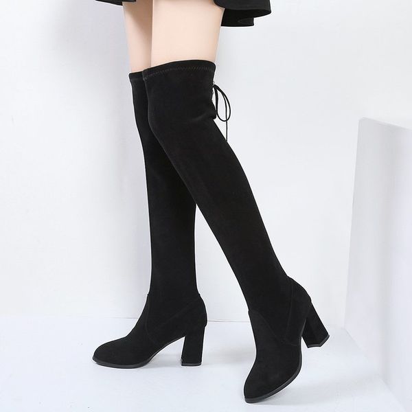 

2020 новый черный длинные сапоги для женщин 2020 мода металл узелок высокие каблуки высокие сапоги колена женщина осень обувь женские, Black