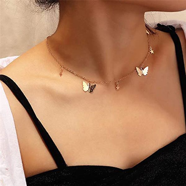 

cute five-pointed star butterfly clavicle chain fashion trend pendant necklace women, Golden;silver