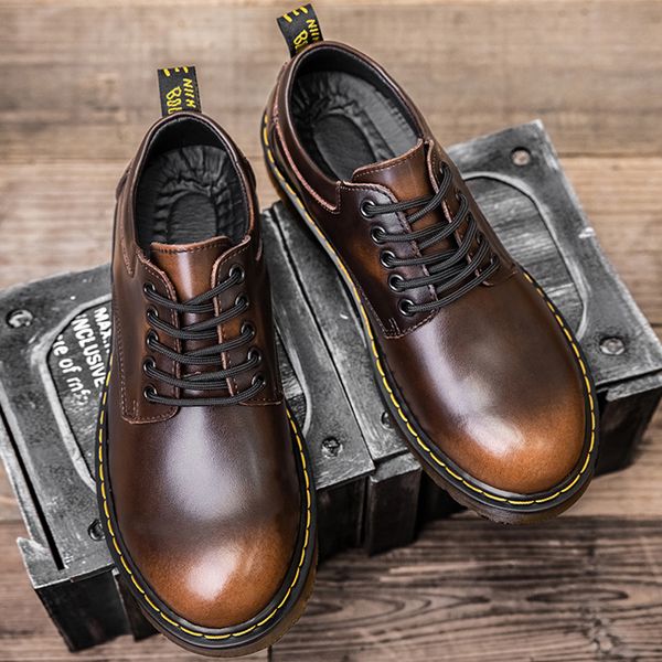 

power stylish men work shoes casual genuine leather derby shoe sewing quality rubber outsole large size classical vintage, Black