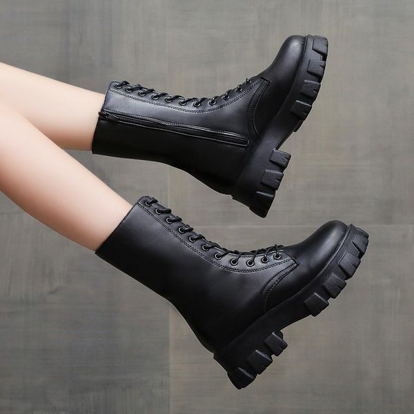 

white women boots autumn fashion black leather platform gothic boots punk combat mid-calf for women