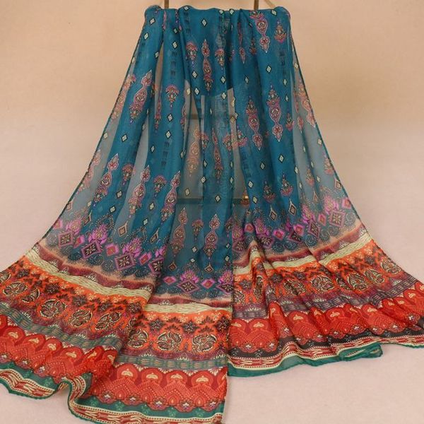 

1pc style print chiffon scarf new silk feeling breathable shawl hijabs autumn womens thin wraps printed scarf xq289, Blue;gray