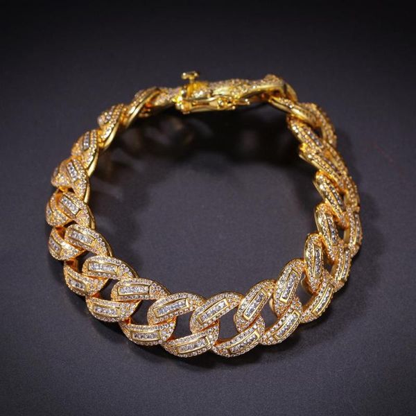

chains 15mm wide micro paved square cz stone bling iced out round cuban chain bracelets for men hip hop rapper jewelry gold color, Silver