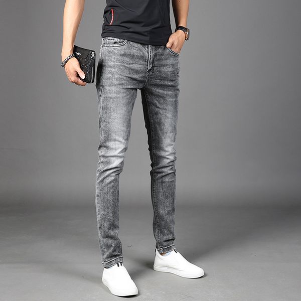 

качество лето 2020 тонкие джинсы для мужчин stretch slim fit серый жан моды человек хлопок джинсовой длинные брюки, Blue