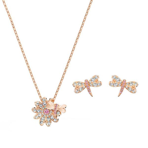 

swa natural dragonfly flower daisy necklace set rose gold color, Silver