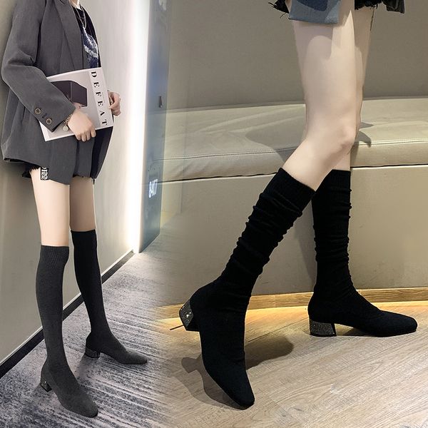 

women's rubber boots pointe shoes luxury designer booties woman 2020 low heel thigh high heels high shoes, Black