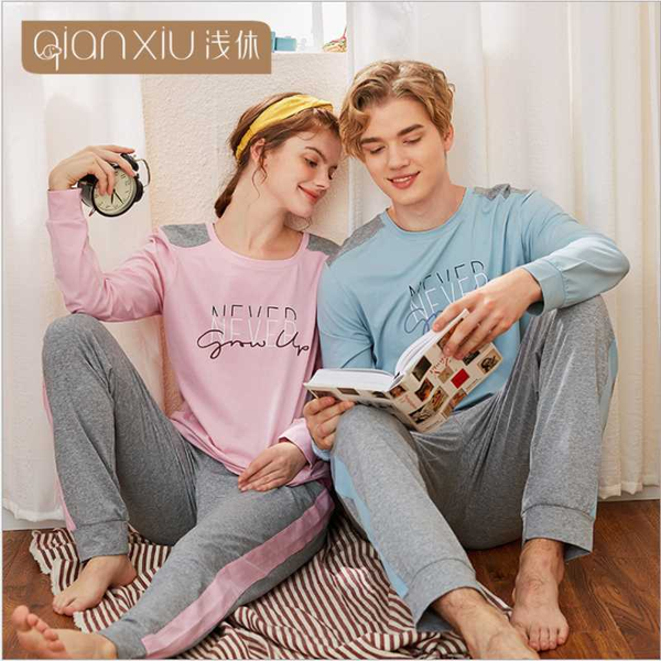 

2020 autumn couples casual patchwork pajama sets male 95% cotton sleepwear suit men full sleeve o-neck collar t shirt & pants, Black;brown