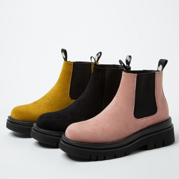 

women's rubber boots round toe rock shoes woman platform booties ladies rain ankle lolita med slip-on solid, Black