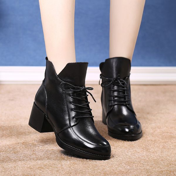 

swonco genuine leather snow boots ankle women black shoes block heel winter 2020 female snow boots winter warm cotton shoes