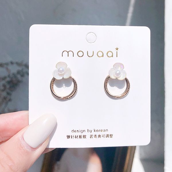 

hoop & huggie golden silver plated needles shell simple white double round flowers simulated pearl alloy earrings for women children