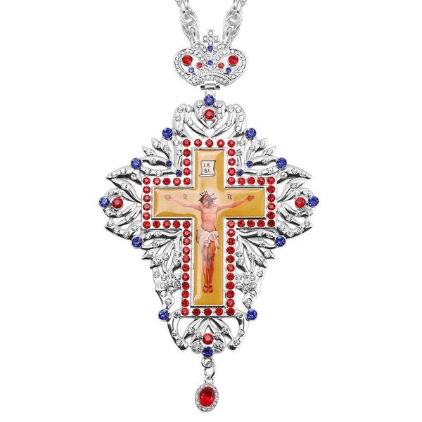 

pendant necklaces crucifix jesus necklace with box men orthodox cross in christian plaques retro full rhinestone crown religious jewelry, Silver