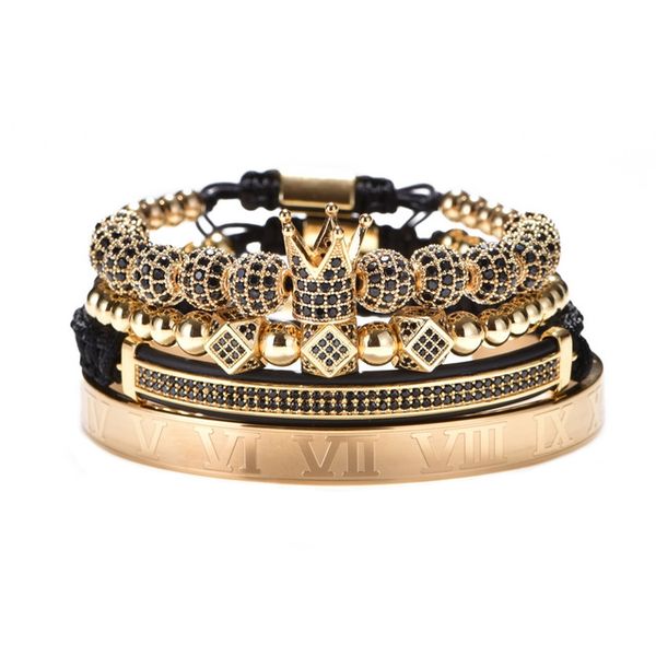 

luxury gold braided adjustable bracelet men male beads crown black cz zircon charm stainless steel jewelry gift valentine's day christm, Golden;silver