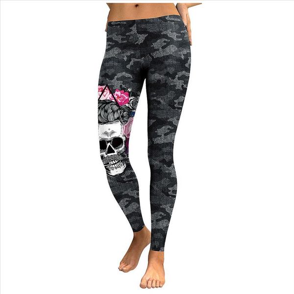 

womens gothic skull print camouflage leggings elastic slim sport jogging pencil pants fitness legging gym sweatpant trouser, Black