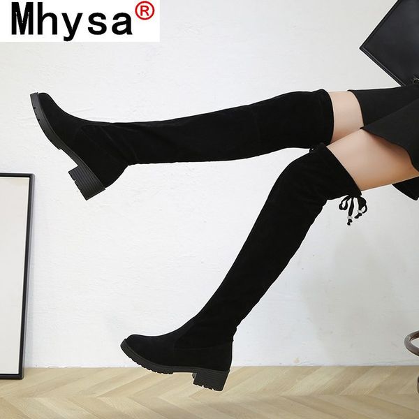 

boots 2021 women over the knee heels shoes casual thigh spring winter woman elastic fabric round toe high plush, Black