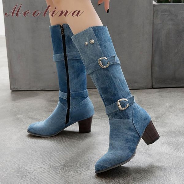 

meotina winter knee high boots women denim buckle thick high heel long boots zipper round toe shoes lady autumn plus size 34-46, Black