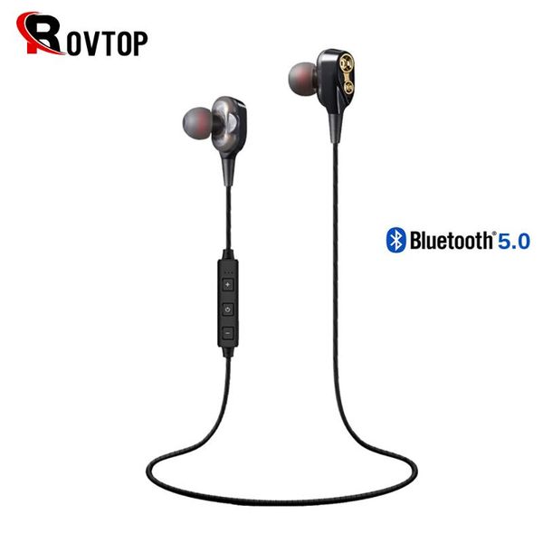

rovwireless bluetooth 5.0 earphone headphones double dynamic hybrid stereo sport neckband earphone for phone