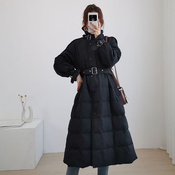 

women 2020 winter fashion long solid color down parkas female white duck down jackets ladies warm loose outwears with belt d126, Black