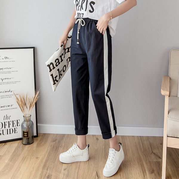 

cotton linen ankle length pants women's spring summer casual trousers pencil casual pants striped women's trousers green pink, Black;white