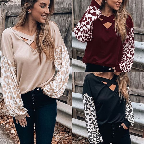 

leopard patchwork womens tshirts v neck pullover lantern sleeve tees for women spring autumn fall casual ladies t-shirts, White