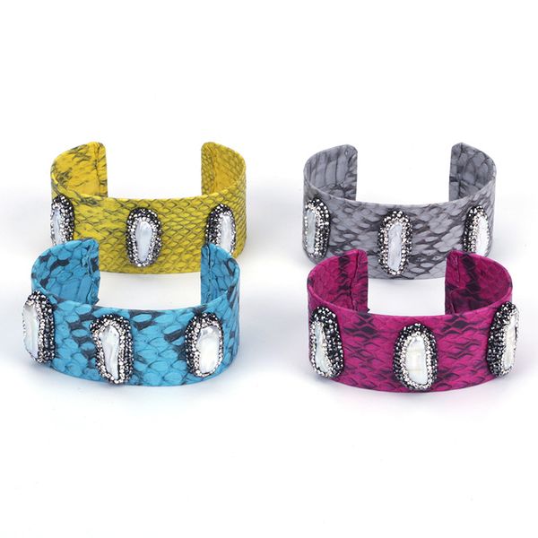 

natural irregular long freshwater pearl bead charm rhinestone yellow pink grey blue real leather big wide open bangle cuff, Black