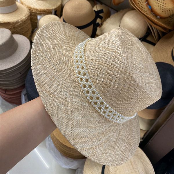 

stingy brim hats 202106-shi manual treasure grass weaving pearl ribbon lady fedoras cap women panama jazz outdoor hat, Blue;gray
