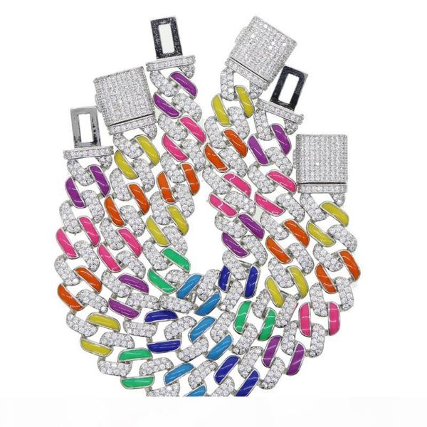 

hip hop bling iced out 11mm rapper bracelet full cz pave with rainbow enamel miami cuban link chain bracelet for women jewelry, Golden;silver