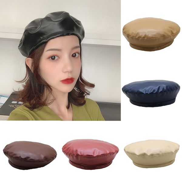 

new 1pc pu leather beret hat for women/girls autumn spring cap fashion elegant solid color beanie party christmas gifts, Blue;gray