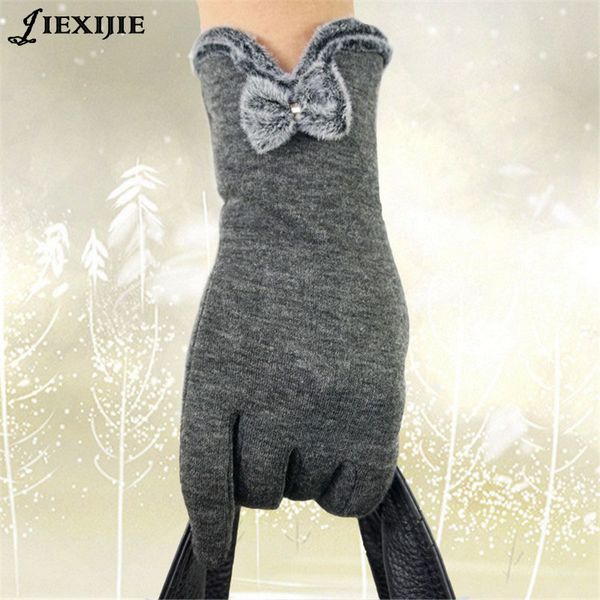 

five fingers gloves ladies bowknot winter warm mittens hands gifts for girls, Blue;gray