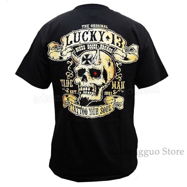 

lucky 13 bikes booze broads skull devil tattoo biker punk tattoo t shirt s-4xl 100% cotton men t shirt women tee