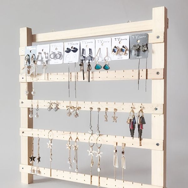 

wooden wall mount jewelry organizer holder rack with hooks shelf hanging earrings necklaces bracelets storage accessories, Pink;blue