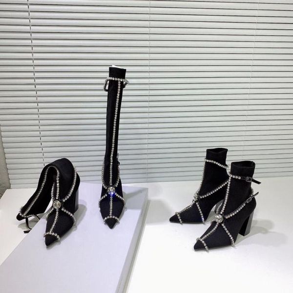 

women boots 2020 winter boots woman rhinestones women shoes comfort knitted pointed toe shoes stretch high heels, Black