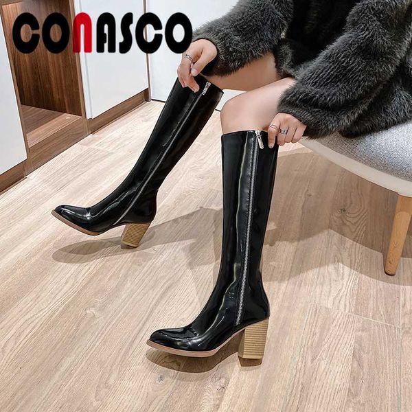 

conasco 2020 новый сжатый knee-high boots для женщин осень зима стороны молнии длинные обувь женщина моды высоких каблуках длинные сапоги, Black