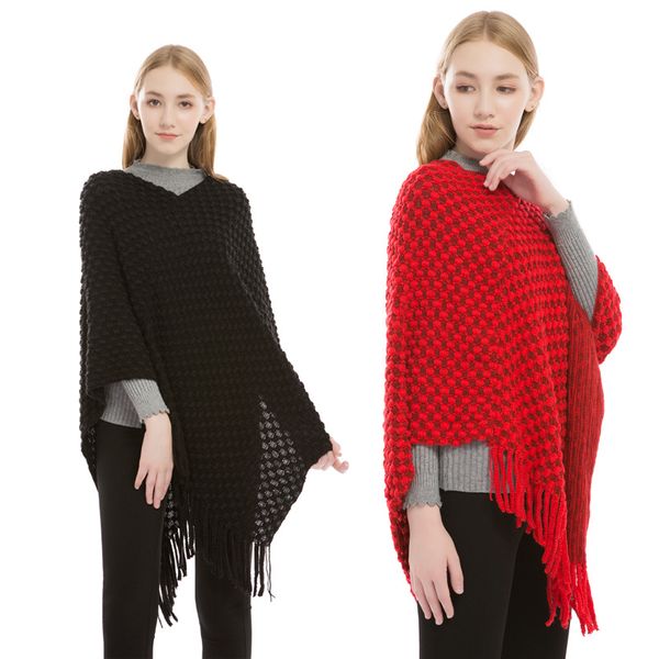 

scarves lady's patchwork scarf in winter two-color thickening poncho autumn women's red black tassels warm shawl, Blue;gray