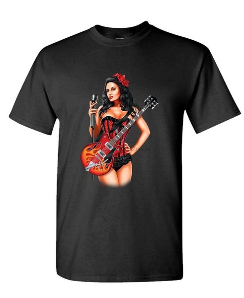 

fashion t shirt short funny crew neck mens corset lady with guitar pinup music t shirt
