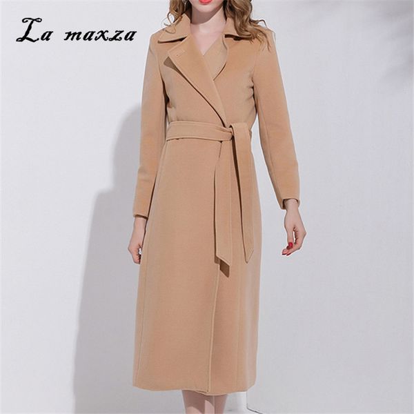

women's wool & blends korean slim fit camel office lady elegant coat winter women plus size long, Black