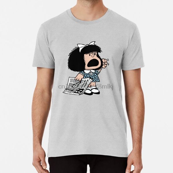 

angry mafalda with newspaper and fist raised cartoon quino argentina t shirt girl childhood childhood complain complaint