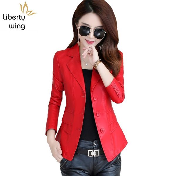 

style women fashion short slim plus size 5xl biker leather jacket three buttons streetwear winter blazer, Black