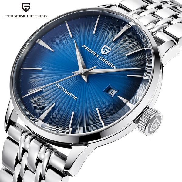 

pagani men watch classic mechanical leather and stainless steel band watch men luxury automatic business waterproof clock, Slivery;brown