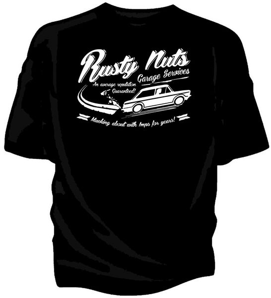 

rusty nuts garage services t-shirt. hillman imp