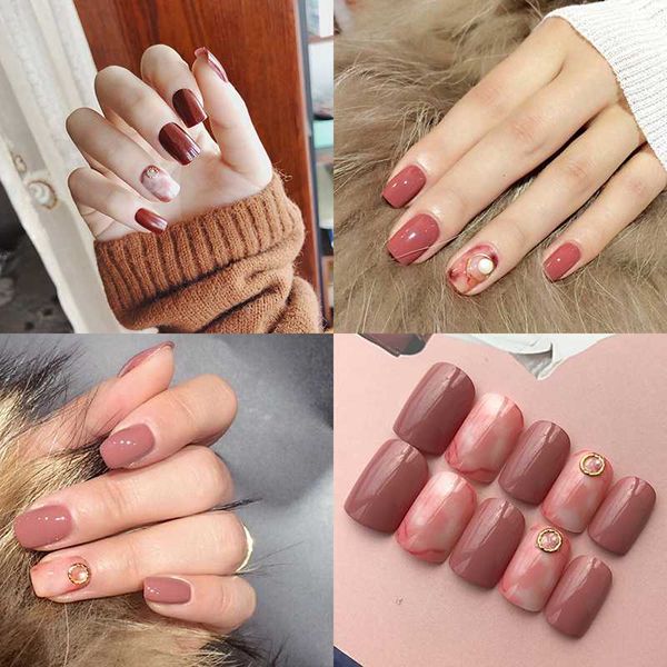 

new 24pcs pearl frame false nail tips short full cover fake nails glue nail decorated for fashion girls, Red;gold