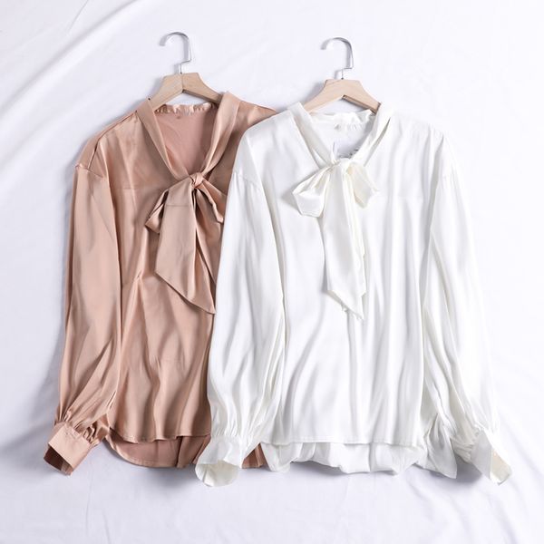 

women's blouses & shirts 2021 bow tie o-neck blouse women lantern long sleeve korean elegant work shirt casual autumn chiffon blusas, White