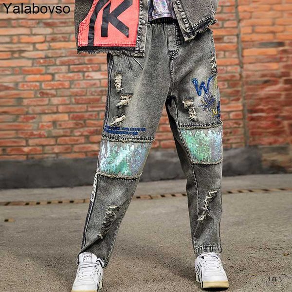 

trendy jeans mujer women's autumn embroidered hole elastic waist retro loose large size casual pants sequins heavy harem pants, Blue