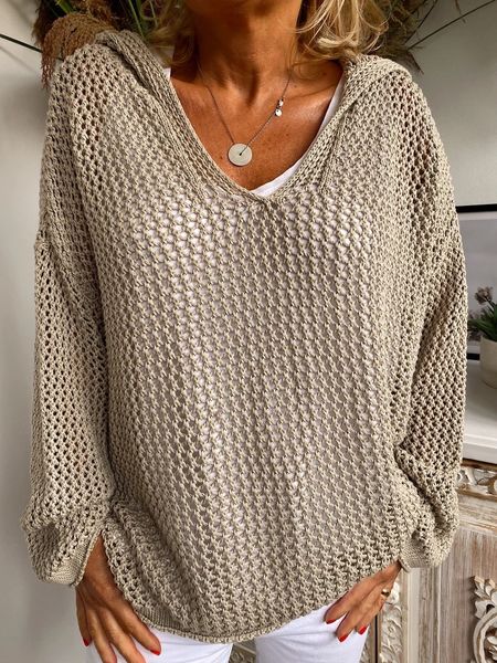

women hollow out knit long sleeve v neck hooded knit coat ladies loose casual clothes, White